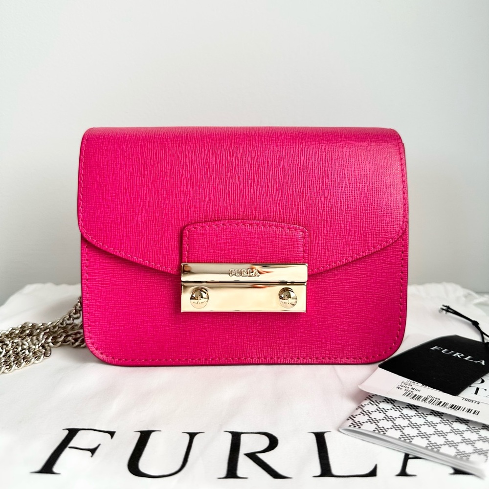 Furla Julia Mini Gloss Pink Saffiano Leather Crossbody Bag